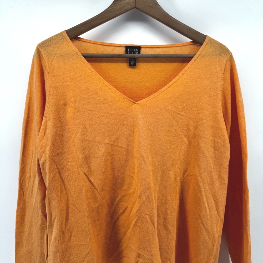 Eileen Fisher Petite Large Orange Linen Cotton V-Neck Sweater Italian Yarn PL
